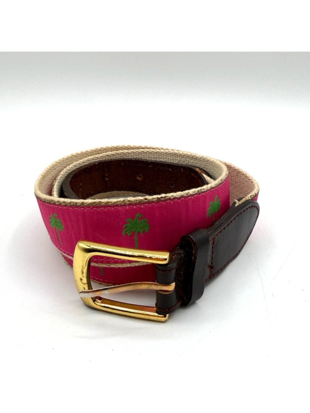 Lilly Pulitzer Canvas & Leather Pink Palm Tree Print Belt